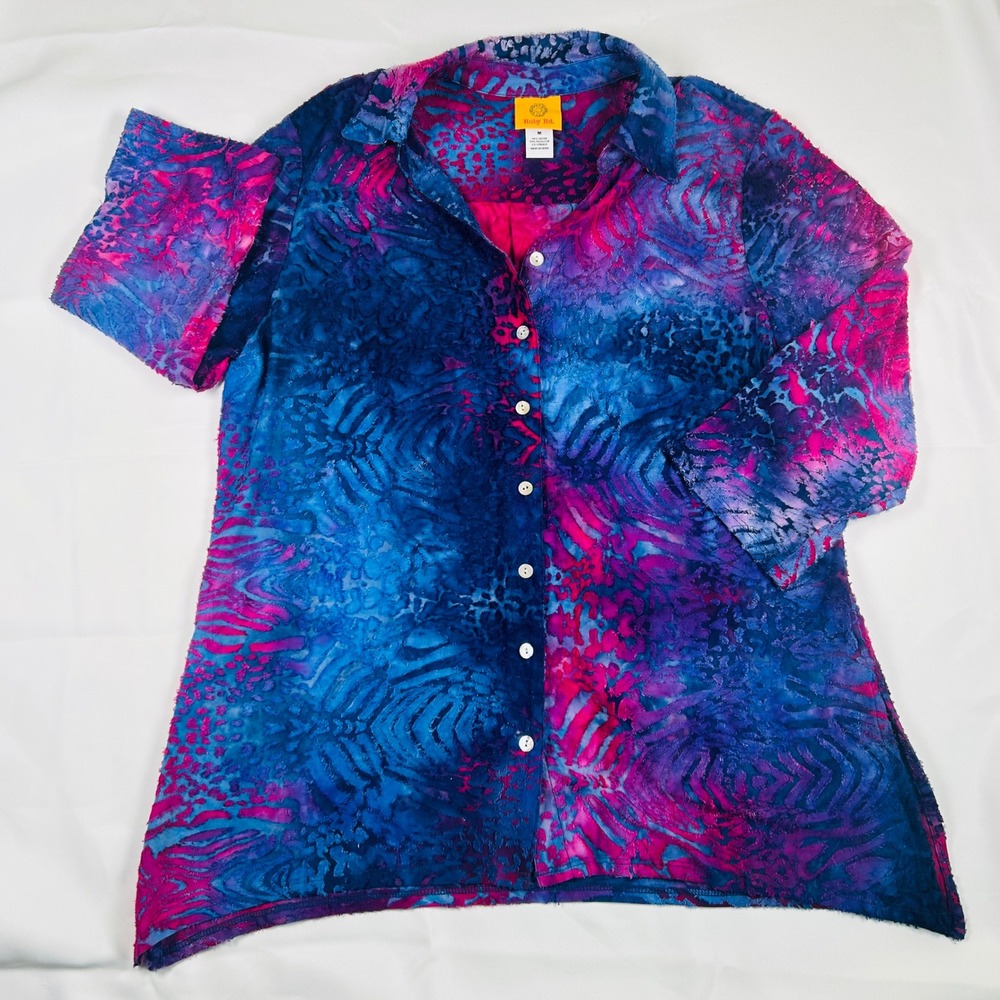 Ruby Rd Button Up Womens M Blue Pink Burnout Animal Print Stretch Blouse Top